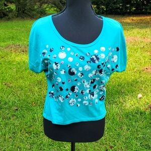 Blue Top with Black & White Floral Circle Pattern